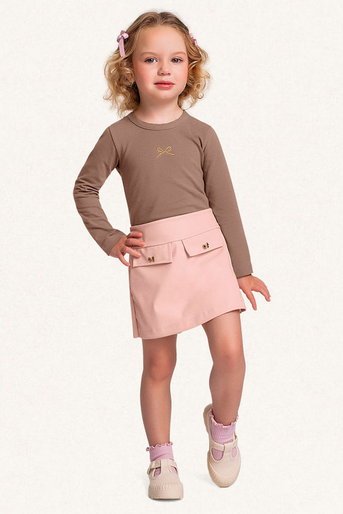 Conjunto blusa manga longa em cotton e short-saia em PU laço