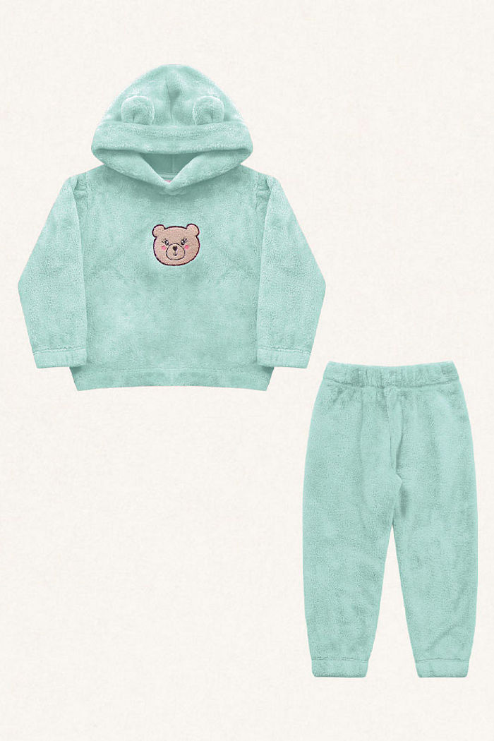 Conjunto blusão com capuz e calça em tecido fleece com orelhinhas