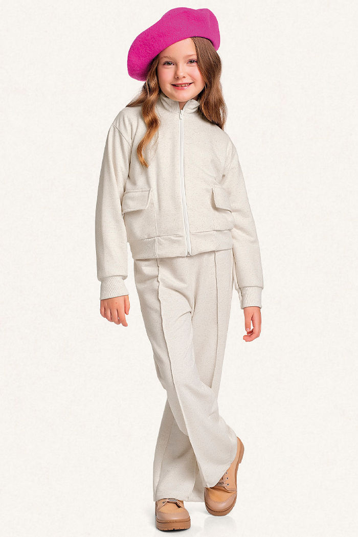 Conjunto jaqueta com bolso e calça wide leg em moletinho linho