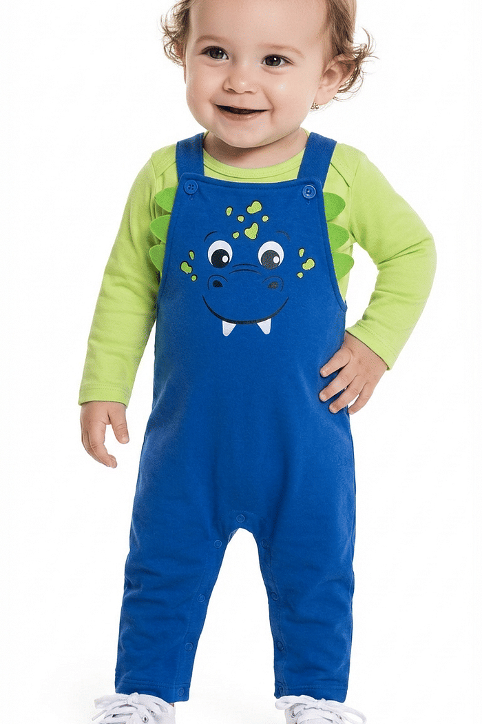 Conjunto body manga longa em suedine e macacão em moletom dino