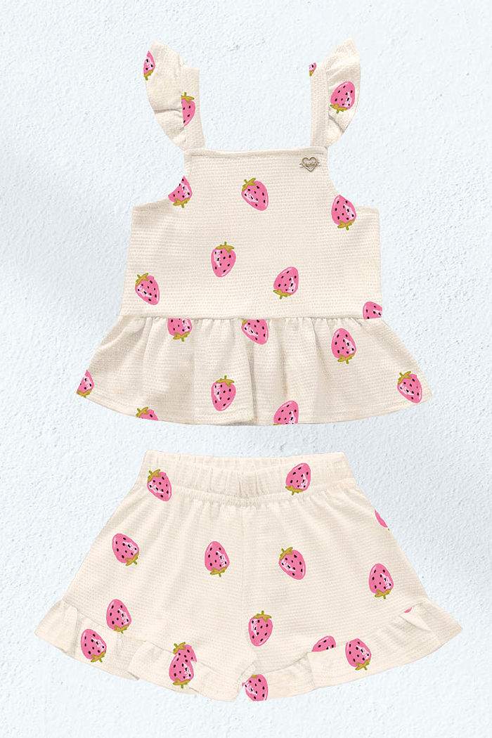 Conjunto regata e short em malha favo frutinhas