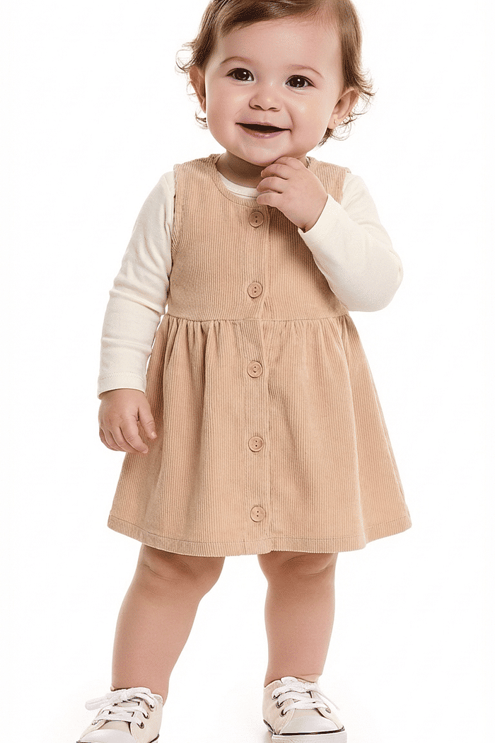 Conjunto body manga longa em cotton e vestido em veludo cotelê