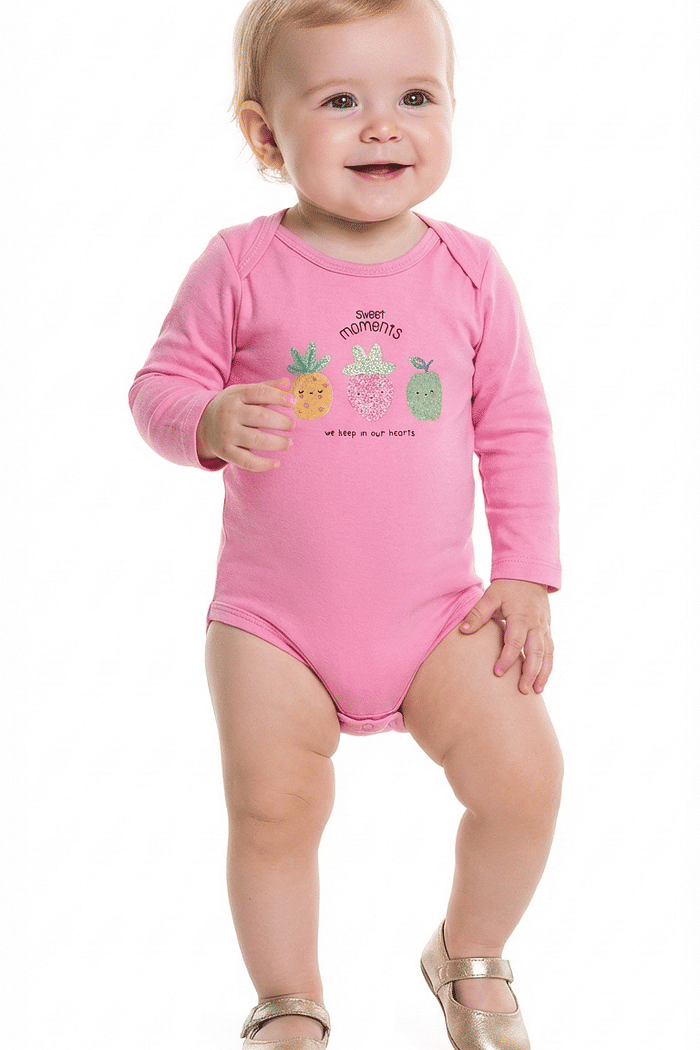 Body manga longa frutas em suedine