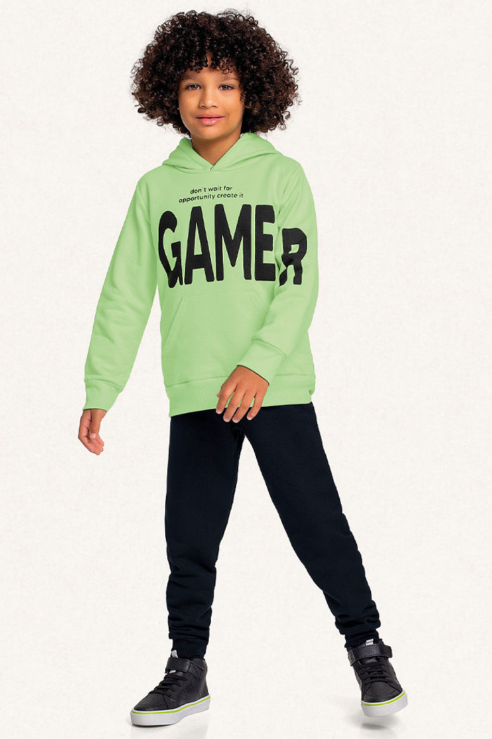 Conjunto blusão com capuz e calça em moletom gamer