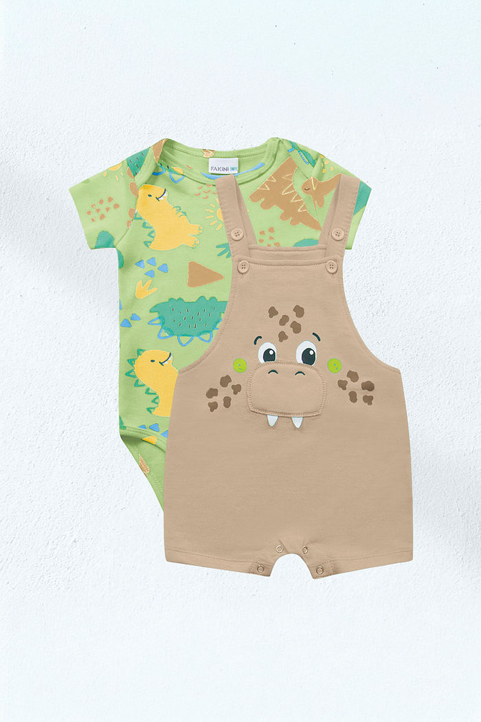 Conjunto body manga curta em suedine e macacão em moletinho dino