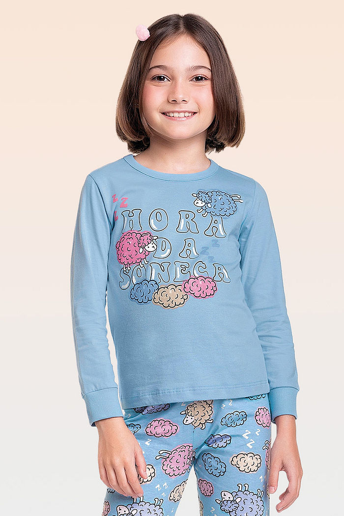 Conjunto pijama blusa manga longa e calça em meia malha