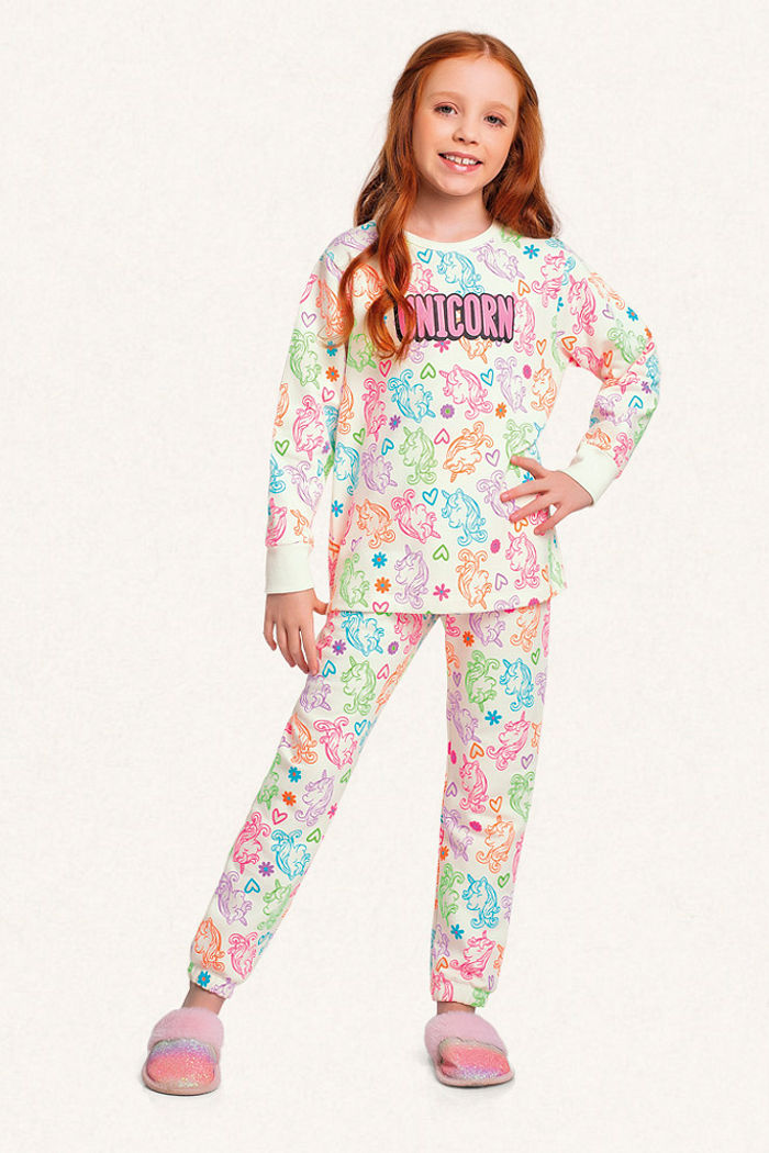 Conjunto pijama blusão e calça em moletom unicórnio