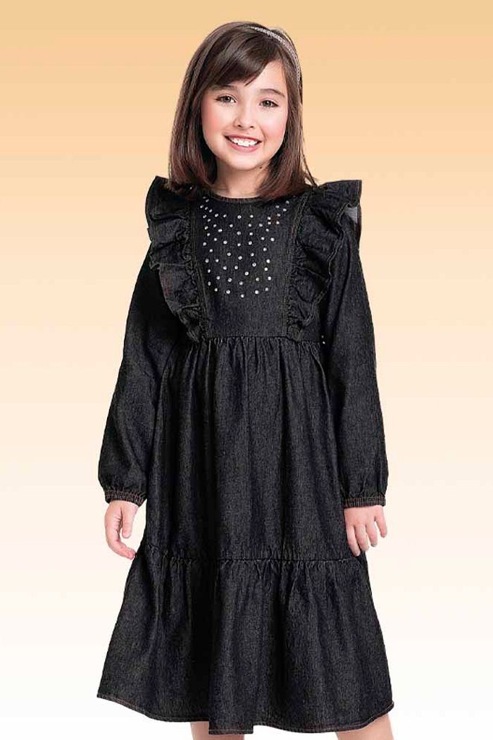 Vestido midi manga longa em jeans