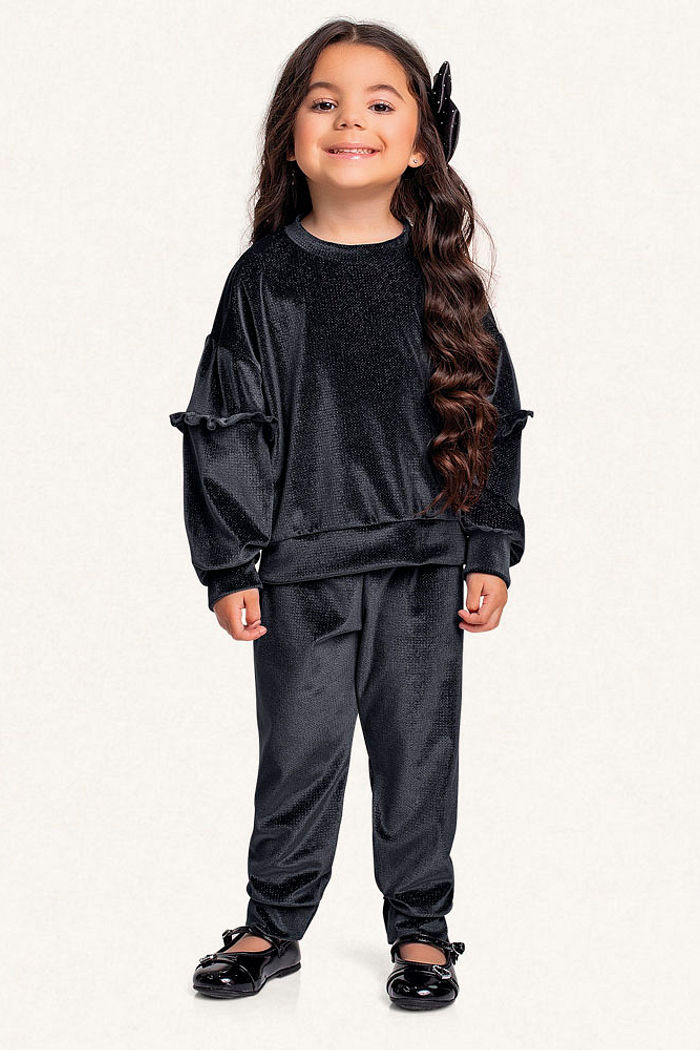 Conjunto blusão com babados e calça em plush lurex