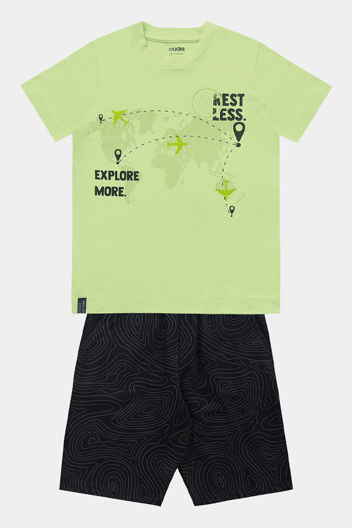 Conjunto camiseta explore e bermuda em moletinho com bolso