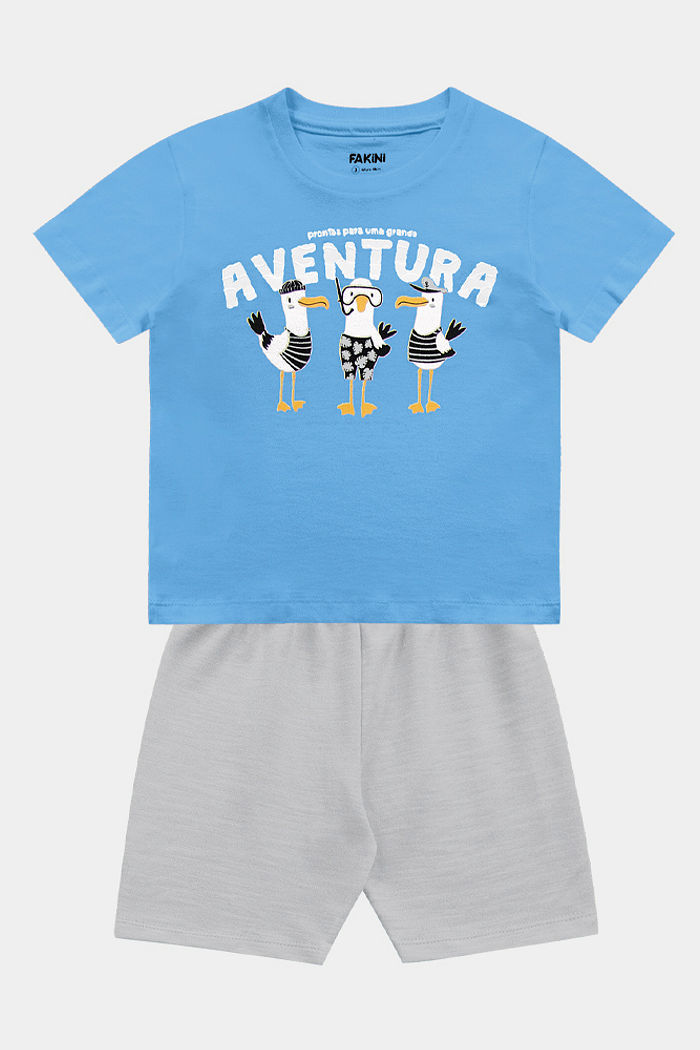 Conjunto camiseta aventura e bermuda em moletinho flamê