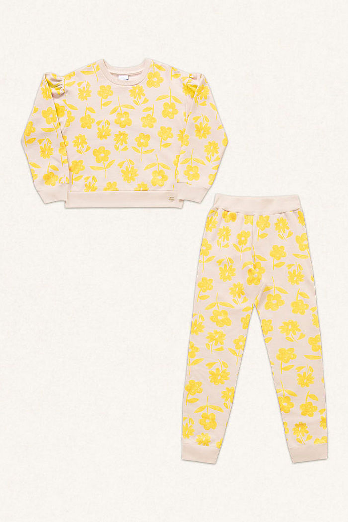 Conjunto blusão e calça em moletom flores