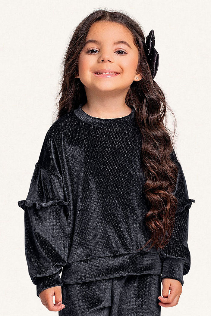 Conjunto blusão com babados e calça em plush lurex