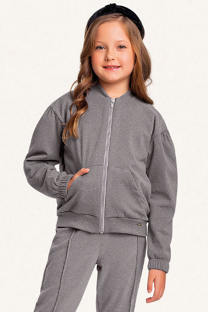 Conjunto jaqueta e calça em tecido melange com bolso