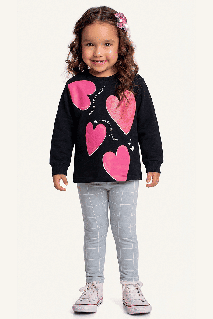 Conjunto blusão coração em moletom e legging em molecotton molinê