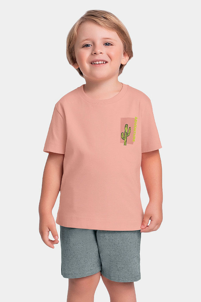 Conjunto camiseta silk com gel e bermuda em tecido ecotex flamê com bolso