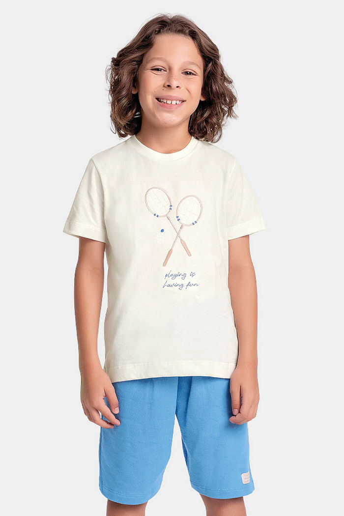 Conjunto camiseta raquete e bermuda com cadarço decorativo em moletinho