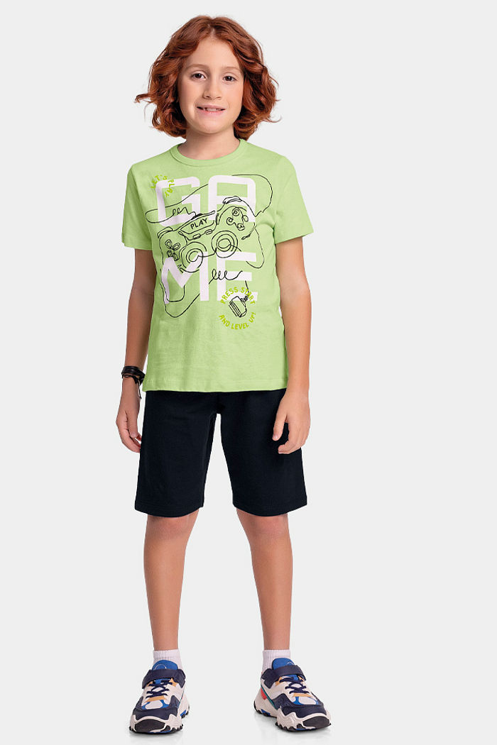 Conjunto camiseta game e bermuda em moletinho