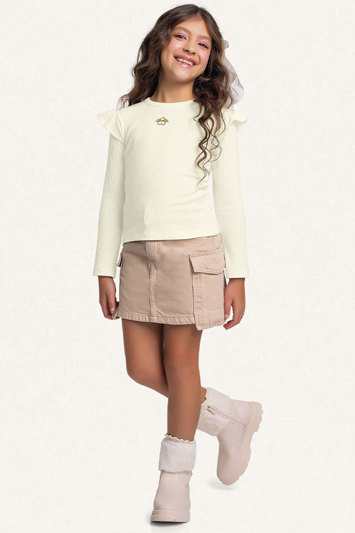 Blusa manga longa com babado em ribana canelada