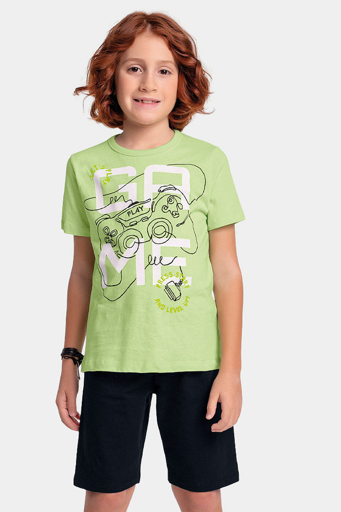 Conjunto camiseta game e bermuda em moletinho