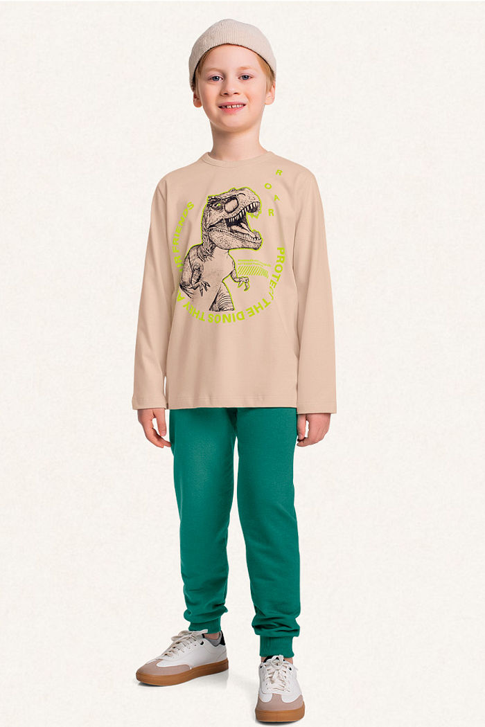 Conjunto camiseta manga longa em meia malha e calça em moletinho dino