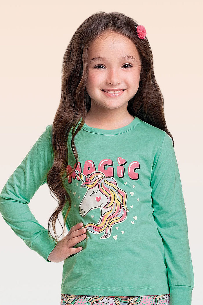 Conjunto pijama blusa manga longa e calça em meia malha