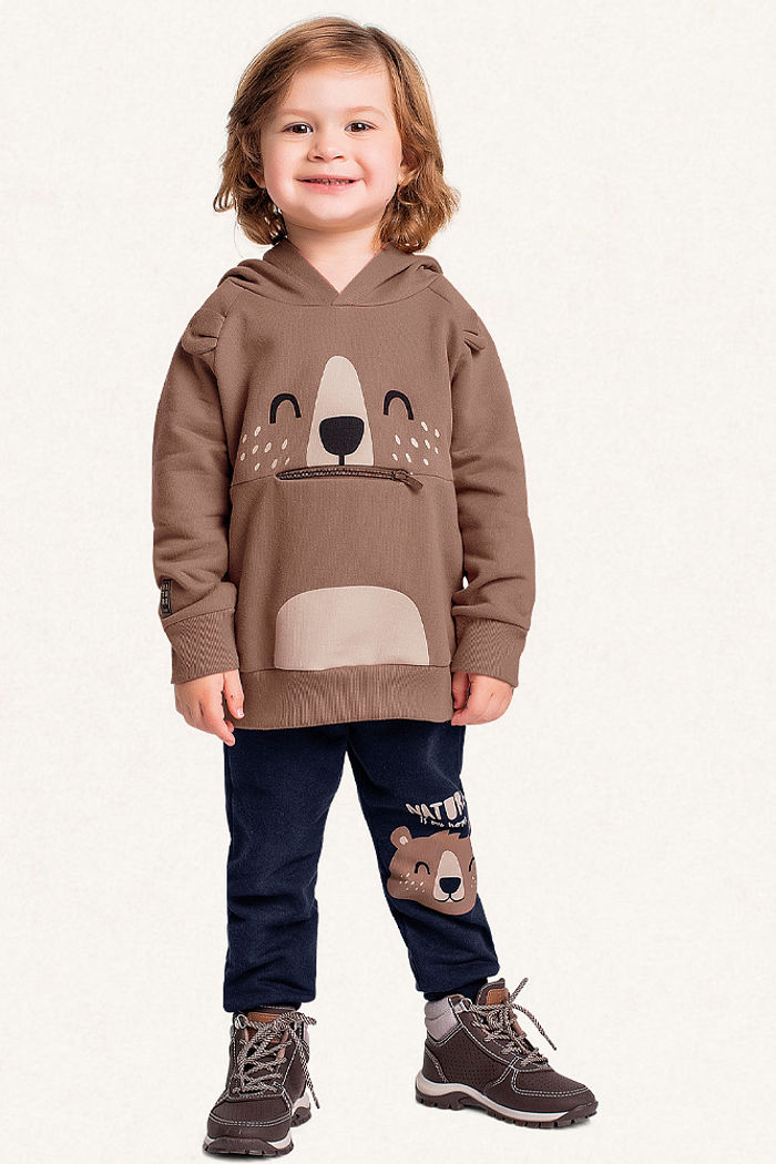 Conjunto blusão com capuz e calça em moletom urso