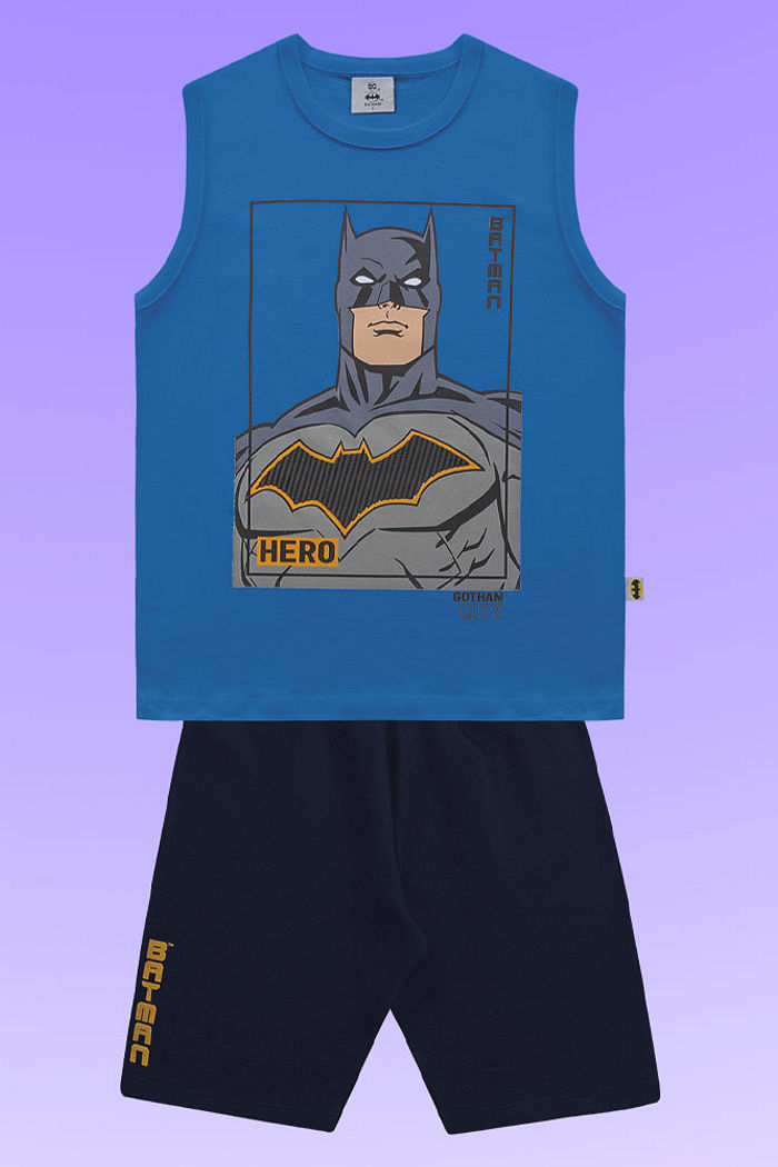 Conjunto regata em meia malha e bermuda em moletinho Batman