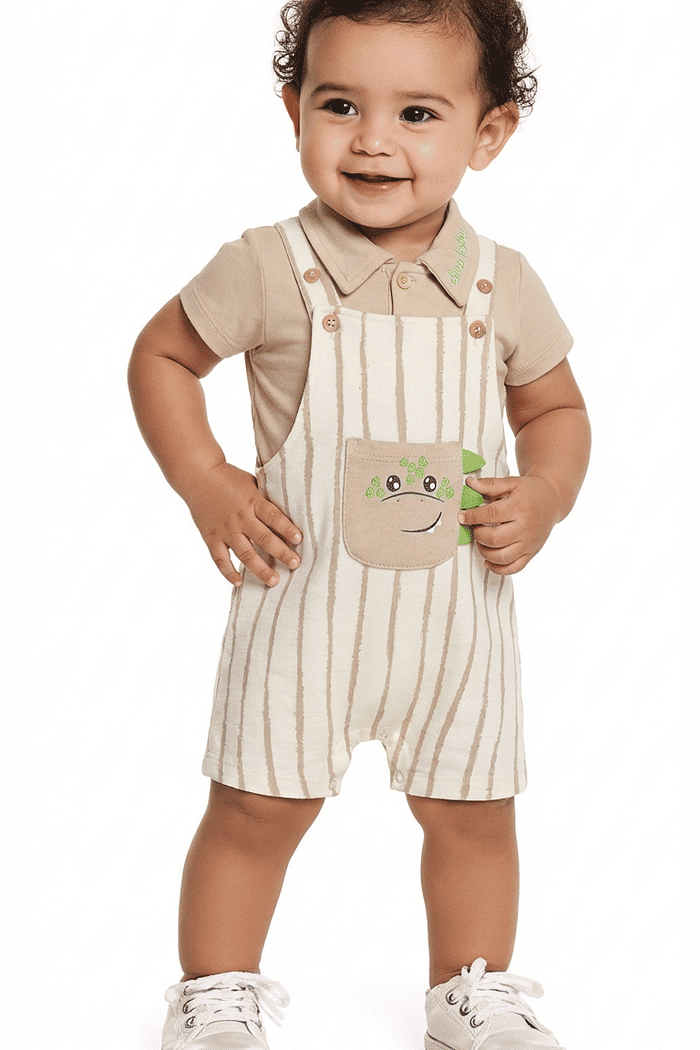 Conjunto body manga curta e macação dinossauro