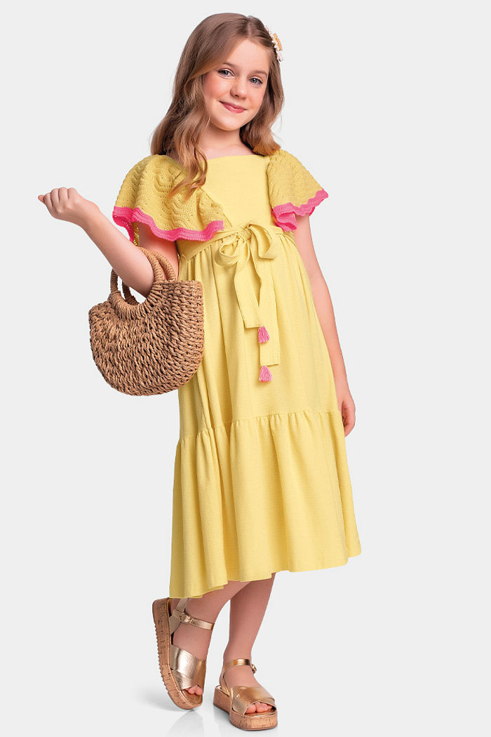 Vestido midi com amarração e babado em tricot