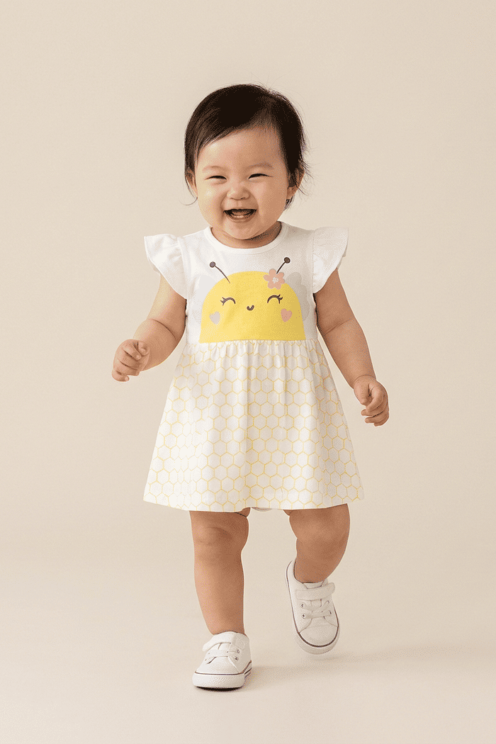 Body bebê manga curta com saia estampa abelha