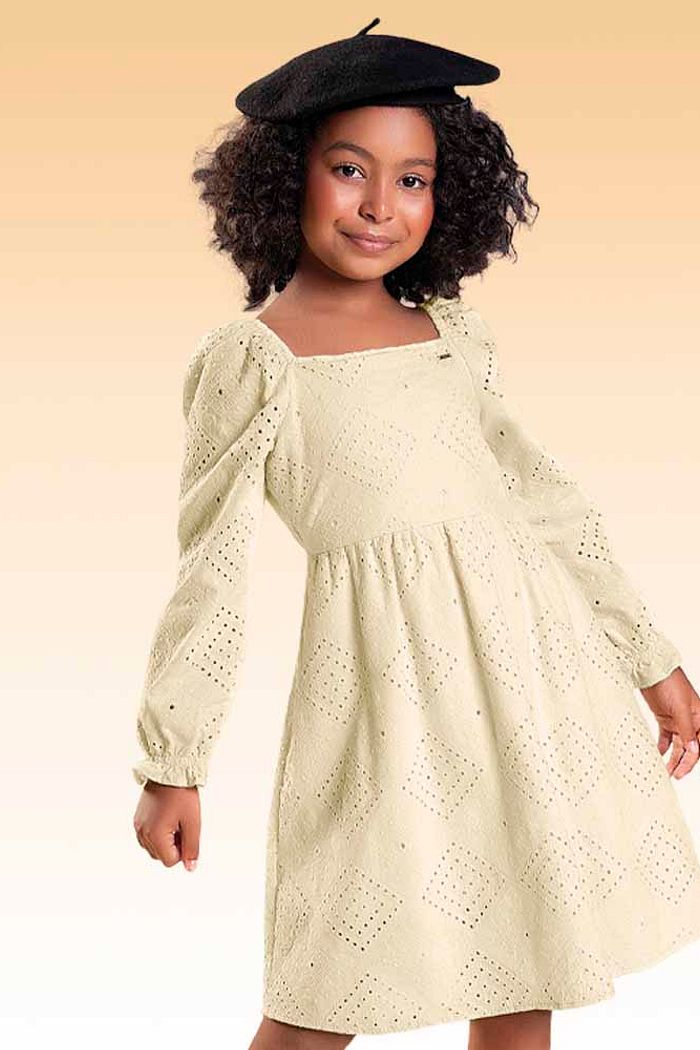 Vestido midi manga longa em laise