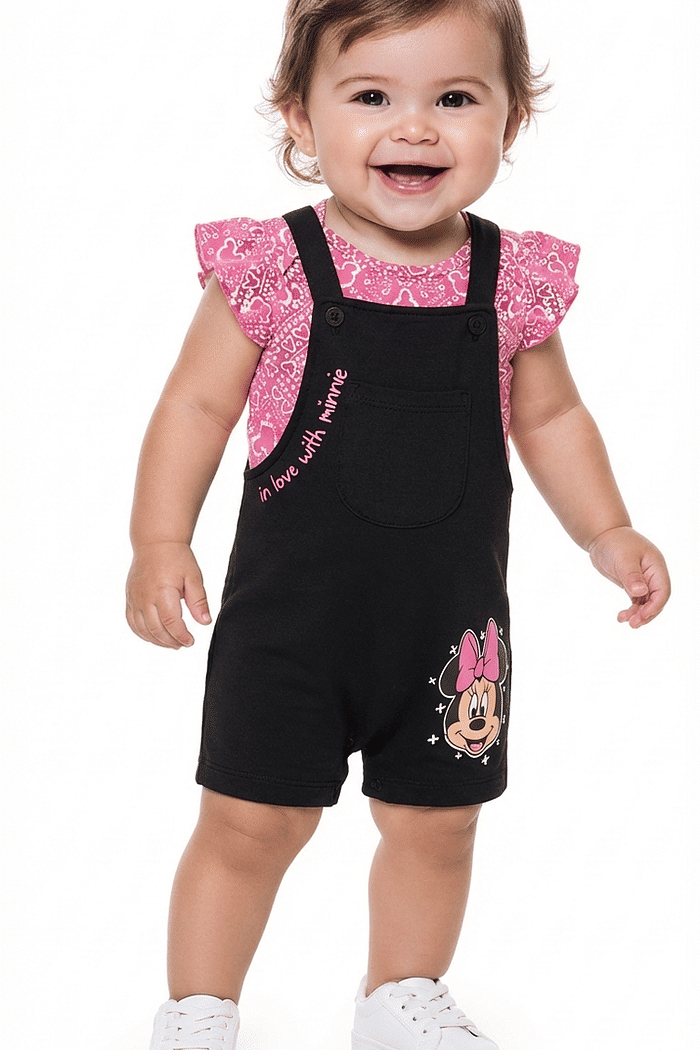 Conjunto body em meia malha e macacão minnie