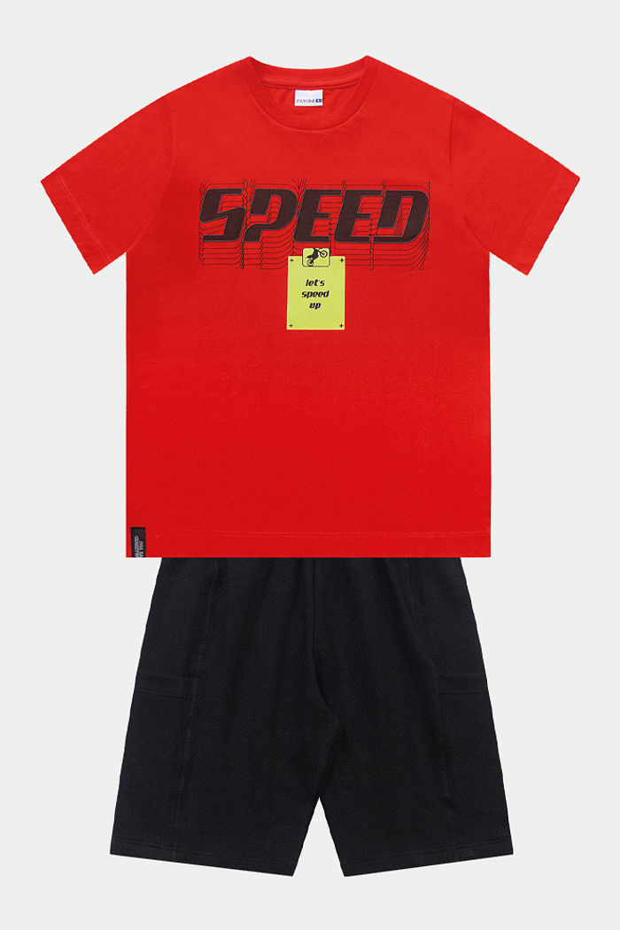 Conjunto camiseta speed com silk 3D e bermuda moletinho com bolso