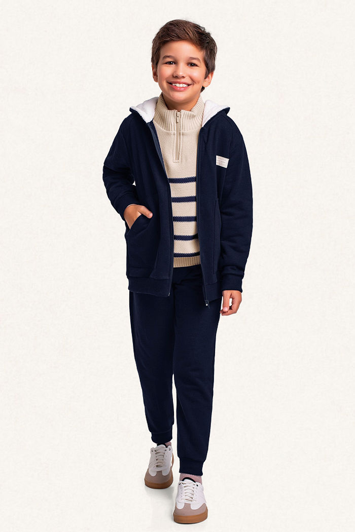 Conjunto jaqueta com capuz forro fleece e calça em moletom