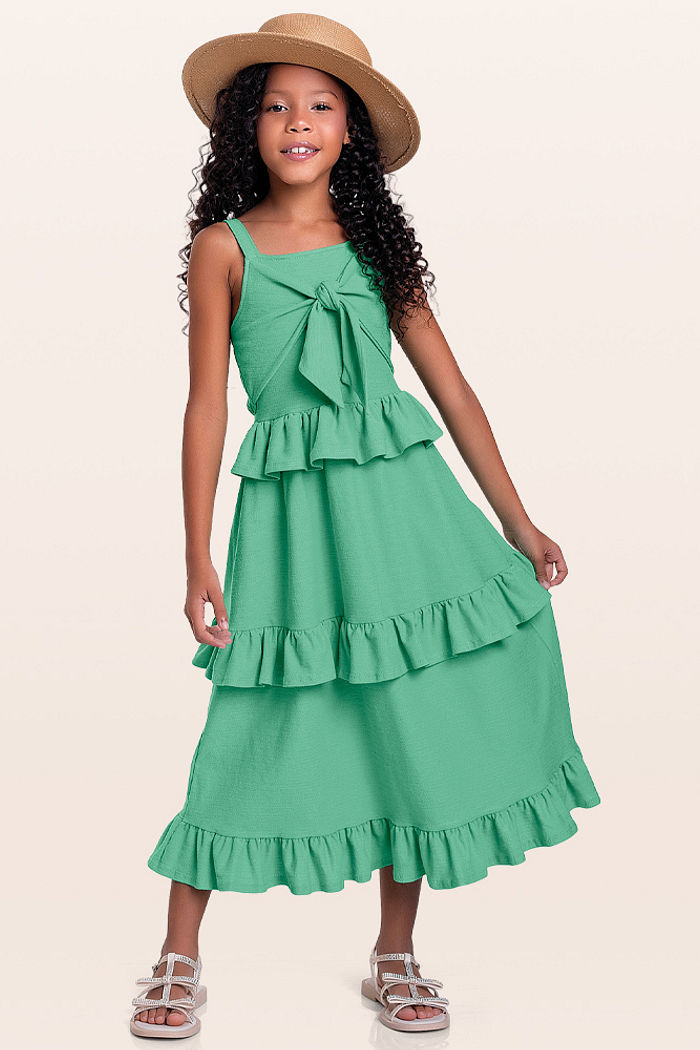 Vestido midi com amarração e babados