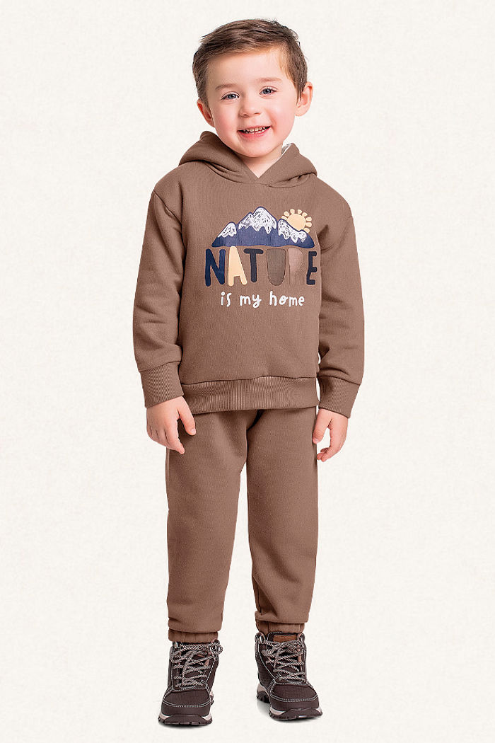 Conjunto blusão com capuz e calça em moletom nature