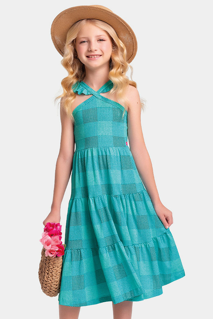 Vestido midi xadrez decote halter