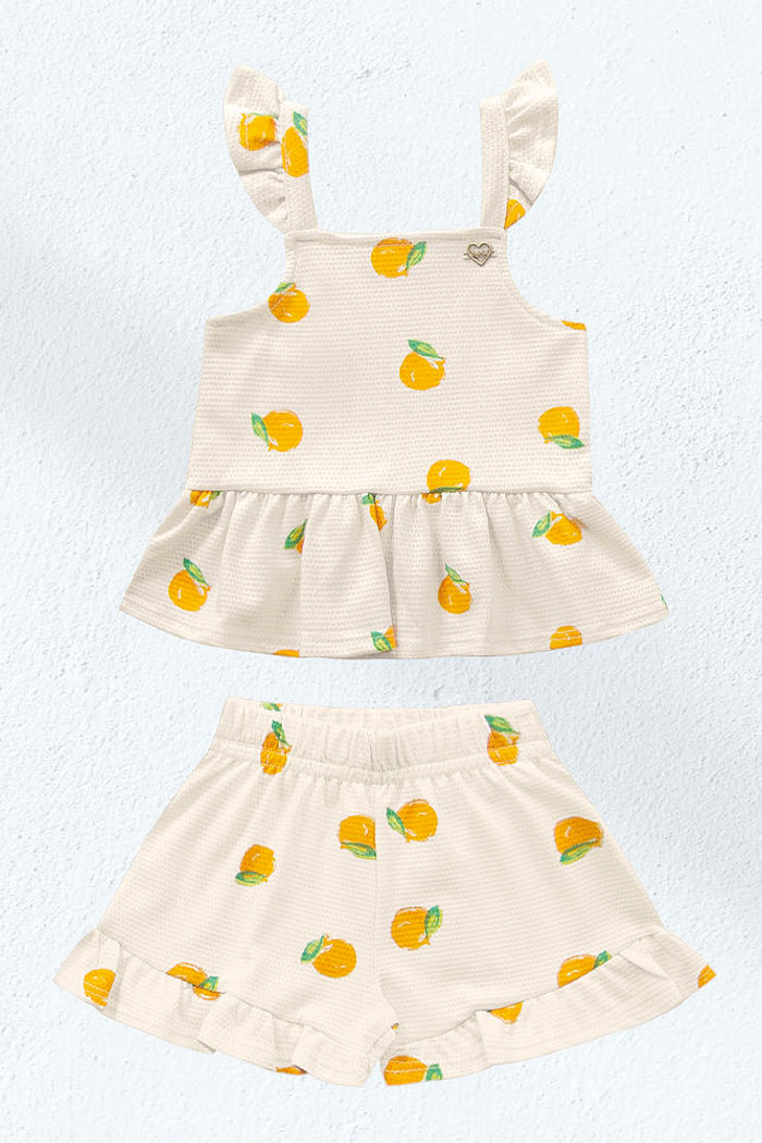 Conjunto regata e short em malha favo frutinhas