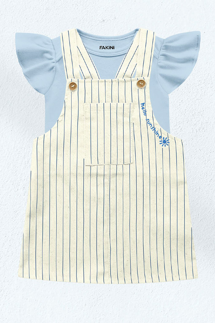 Conjunto body manga curta em suedine e salopete em tecido ecotex flamê listra