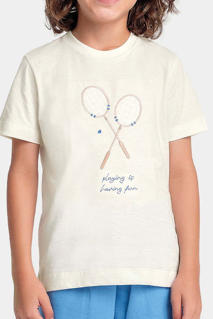 Conjunto camiseta raquete e bermuda com cadarço decorativo em moletinho