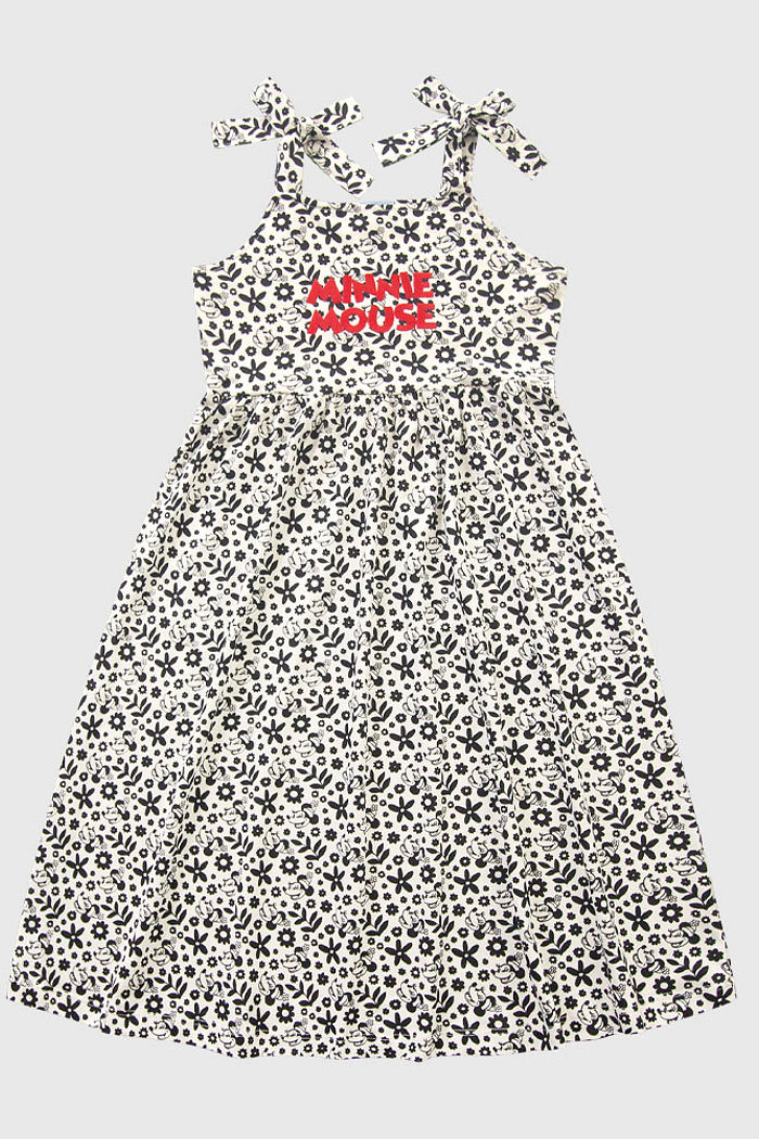 Vestido midi da Minnie com alças para amarração e bordado