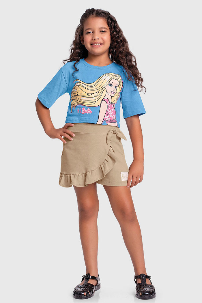 Conjunto blusa cropped da Barbie e short-saia em moletinho