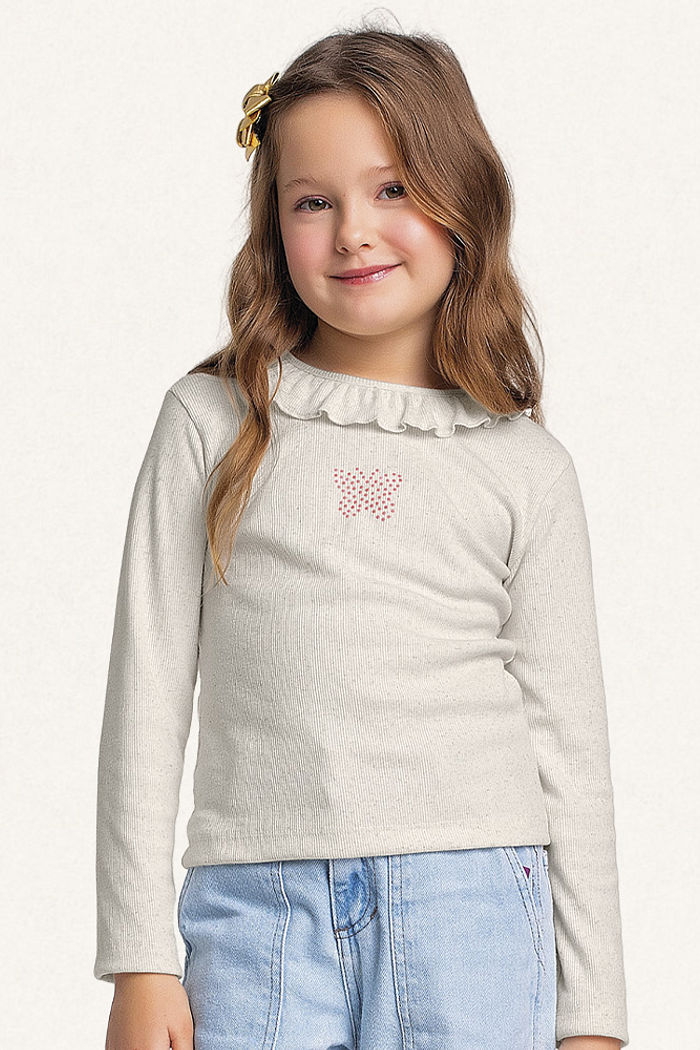 Blusa manga longa em ribana linho borboleta em strass