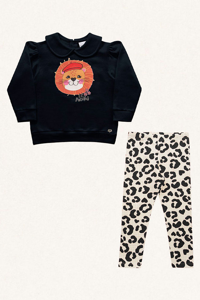 Conjunto blusão em moletom e legging em molecotton leãozinho