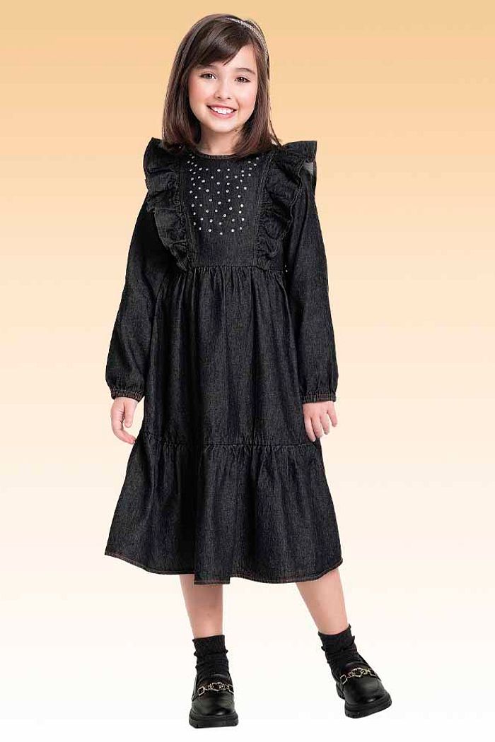 Vestido midi manga longa em jeans