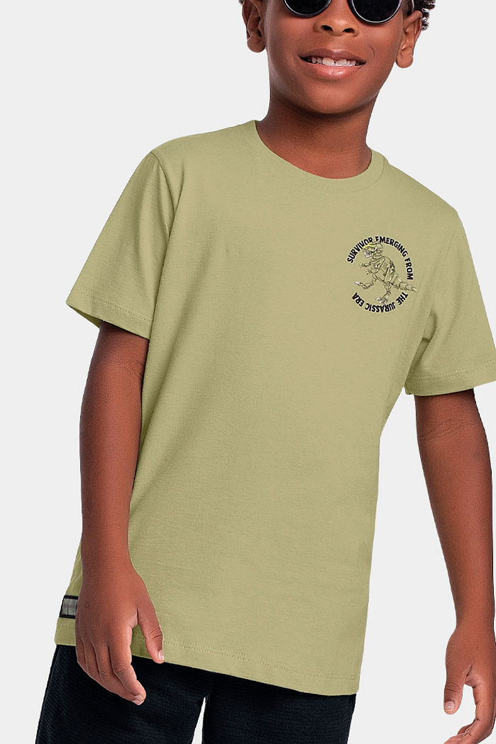 Conjunto camiseta com estampa de dinossauro e bermuda moletinho lótus com bolso