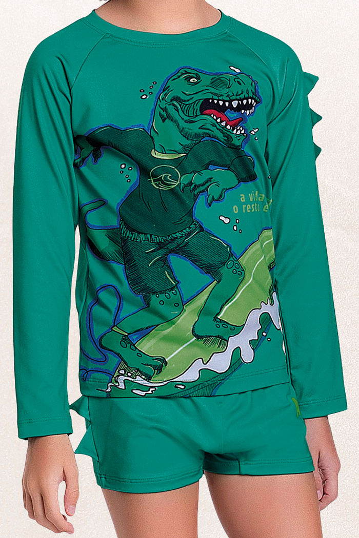 Conjunto camiseta manga longa e sunga praia dino surf