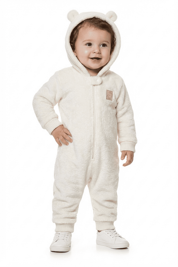 Macacão manga longa com capuz em tecido fleece teddy