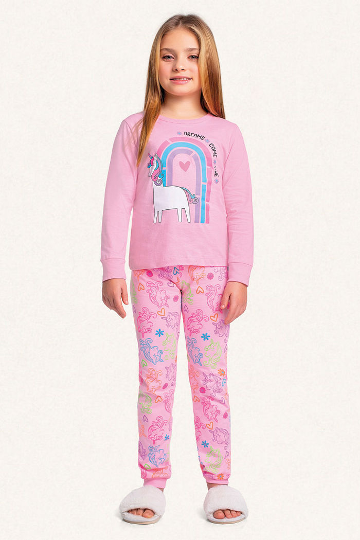 Conjunto pijama blusa manga longa e calça em meia malha unicórnio